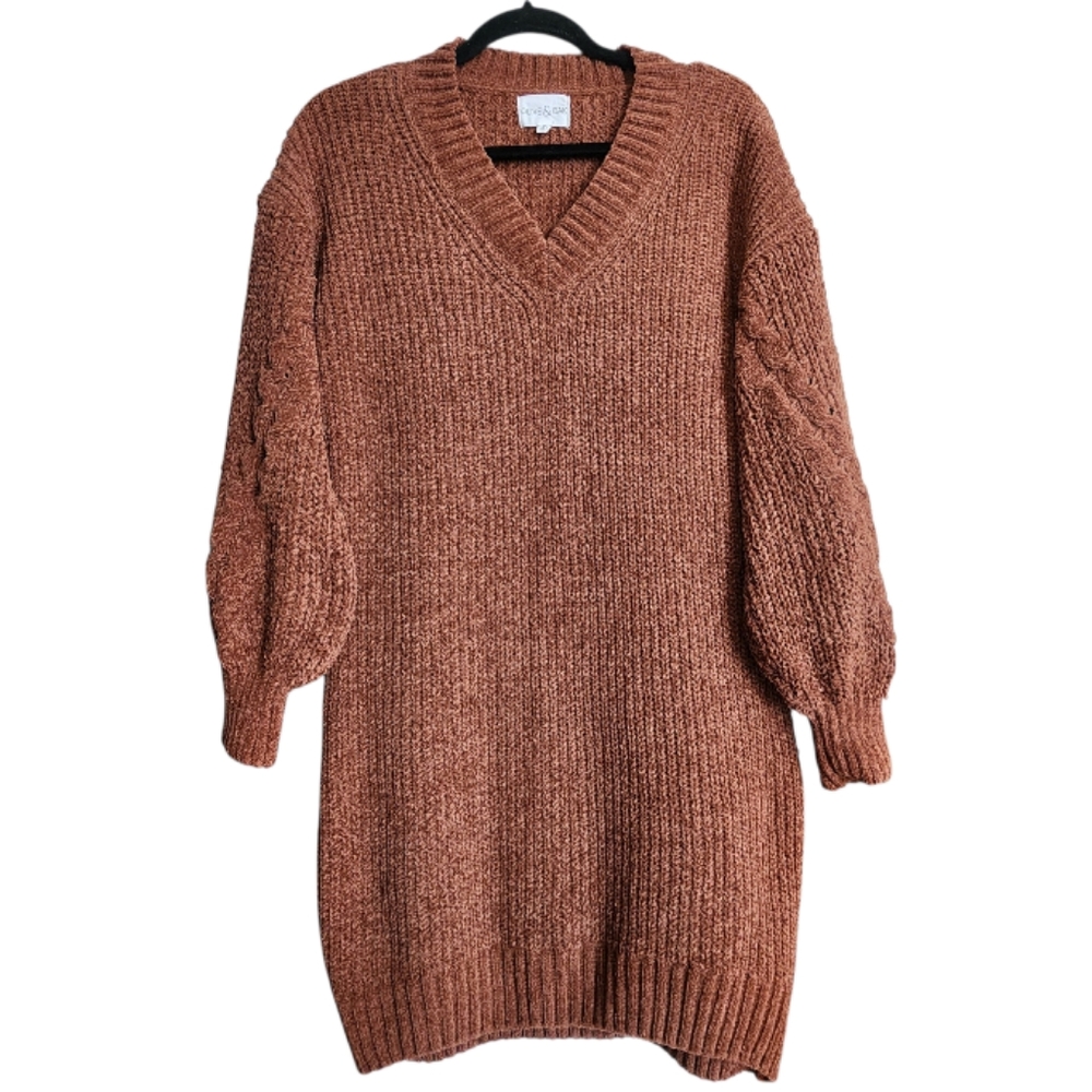 Olive & Oak Sweater Dress  Brown Chenille V Neck  Pullover Rustic Cottagecore